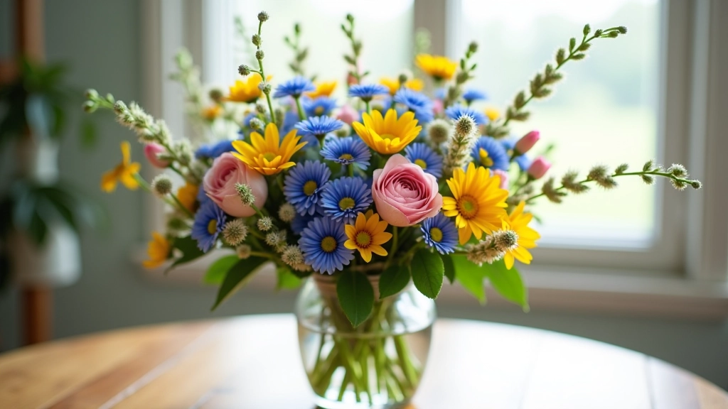 Arranged wildflower bouquet with blue, yellow, and pink flowers in glass vase, soft natural lighting