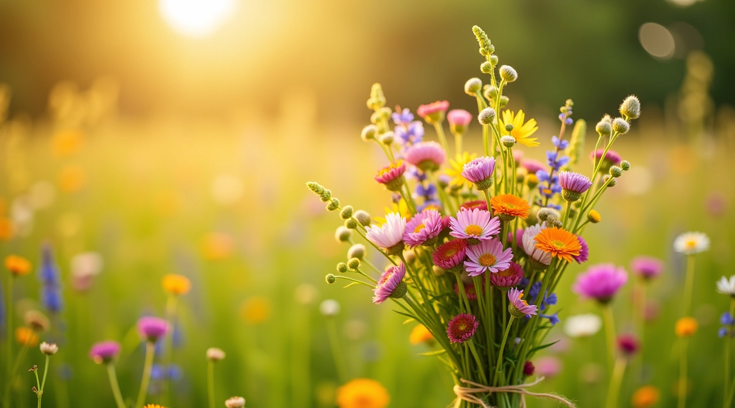 Beautiful wildflower meadow arrangement with mixed blooms in natural sunlight