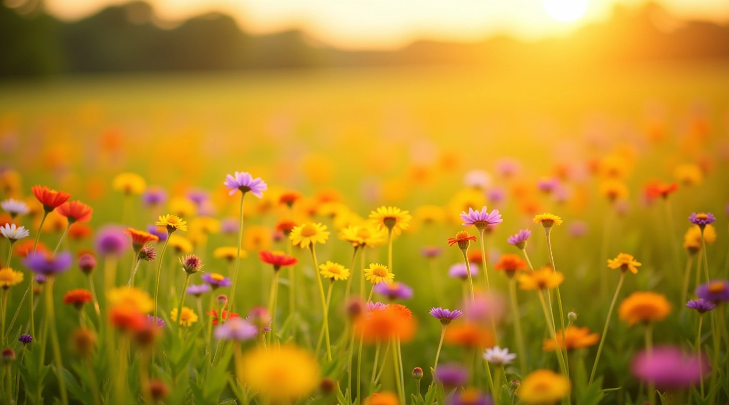 Lush wildflower meadow with diverse blooming plants during summer season in silvtrade region