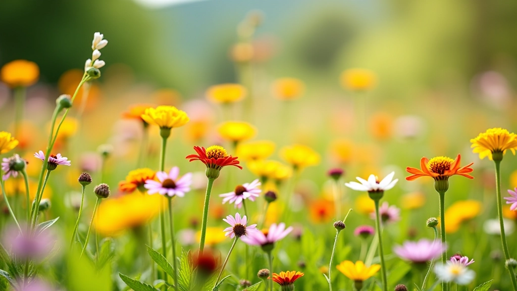 Colorful summer wildflowers blooming in natural meadow setting