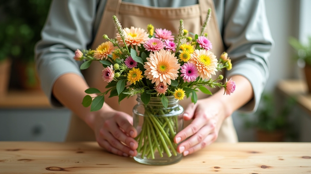 Skilled florist carefully arranging fresh wildflowers into an elegant bouquet arrangement