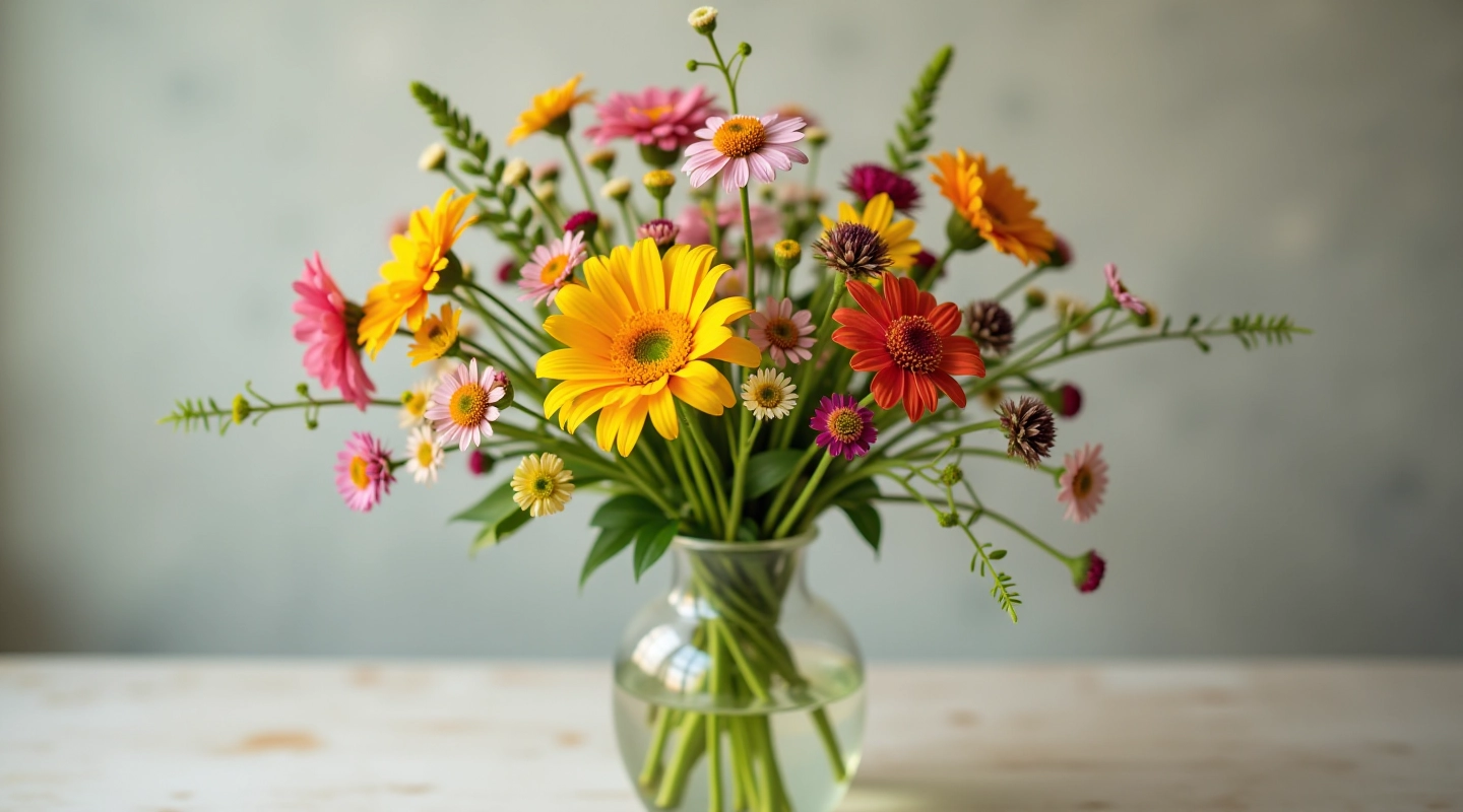 Fresh wildflower bouquet in clear glass vase with water and stems visible