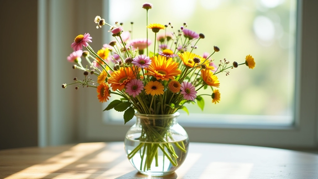 Fresh wildflower bouquet in glass vase with clear water, flowers at different heights, natural light from window