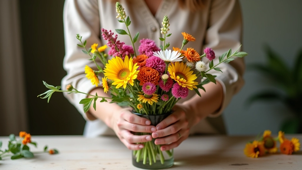 Hands arranging colorful wildflowers in a vase creating a balanced composition