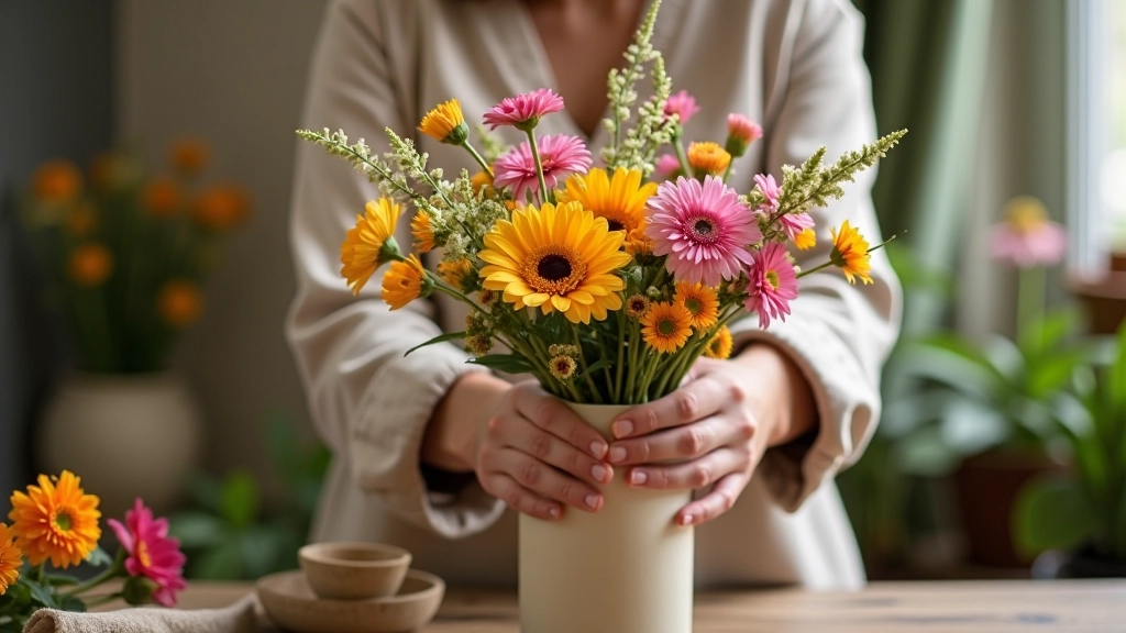 Hands arranging wildflowers in vase with color palette inspiration nearby