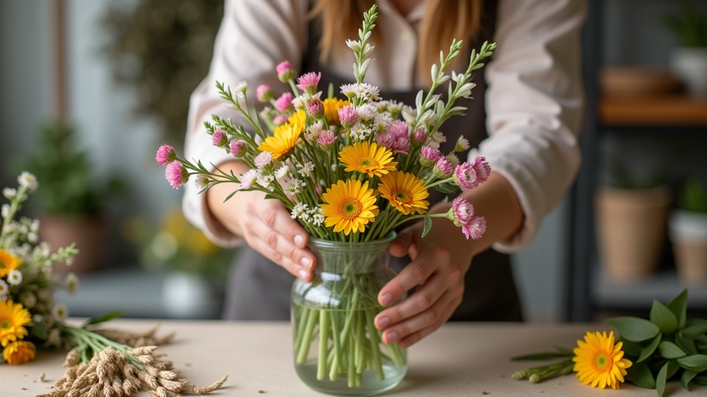 Hands arranging wildflowers in vase, mixing different heights and colors, creative process detail, workspace setup