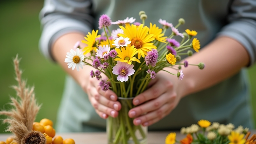 Hands arranging wildflowers in clear vase showing natural asymmetrical meadow-style design