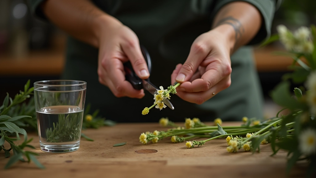 Step-by-step demonstration of cutting and preparing wildflower stems for arrangement