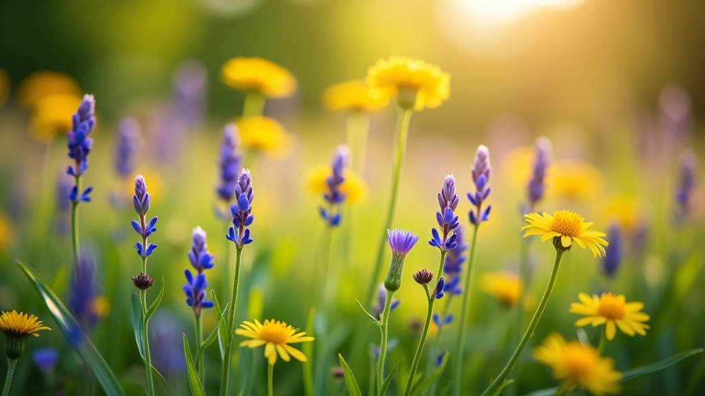 Meadow carpet of purple-blue wildflowers with yellow dandelions scattered throughout, spring sunlight, vibrant natural color palette