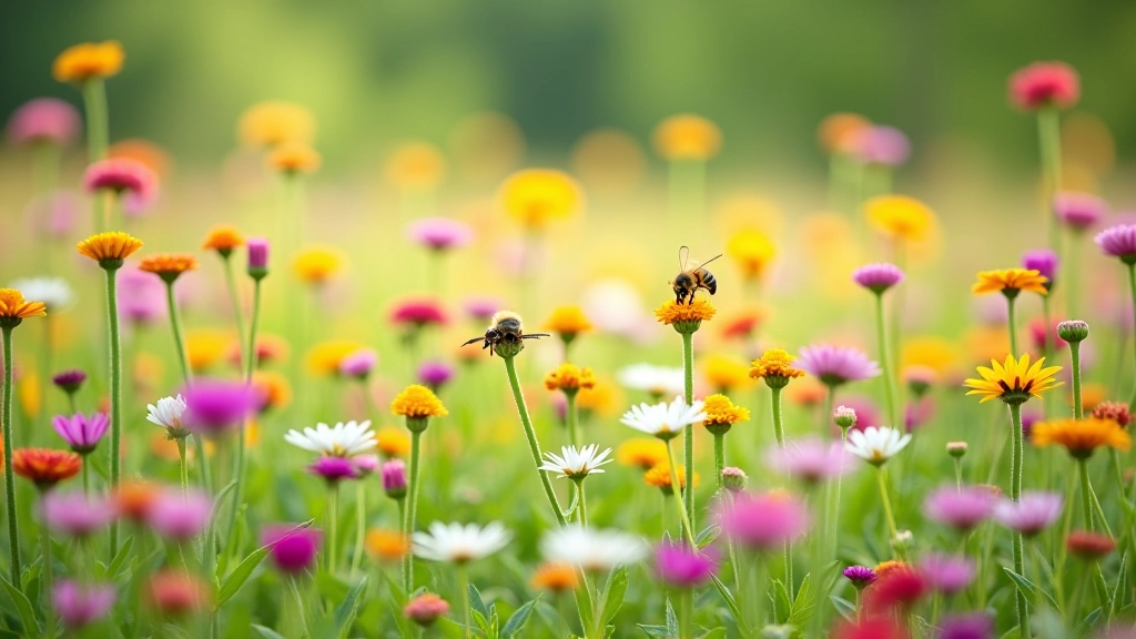 Peak summer wildflower meadow with mixed heights and colors, pinks purples yellows and whites, insects visible, full bloom landscape