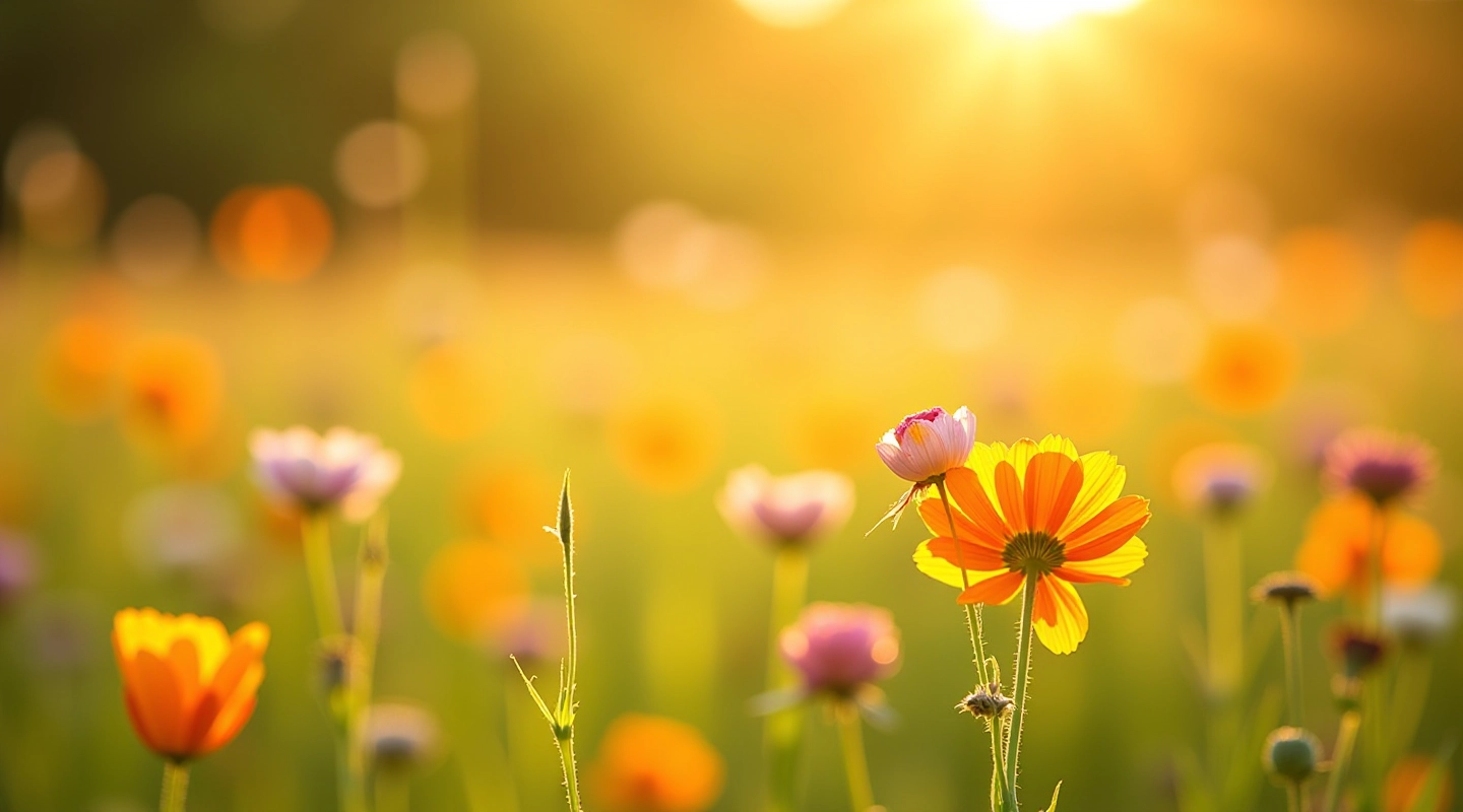 Summer meadow with wildflowers in full bloom, warm golden light, vibrant colors
