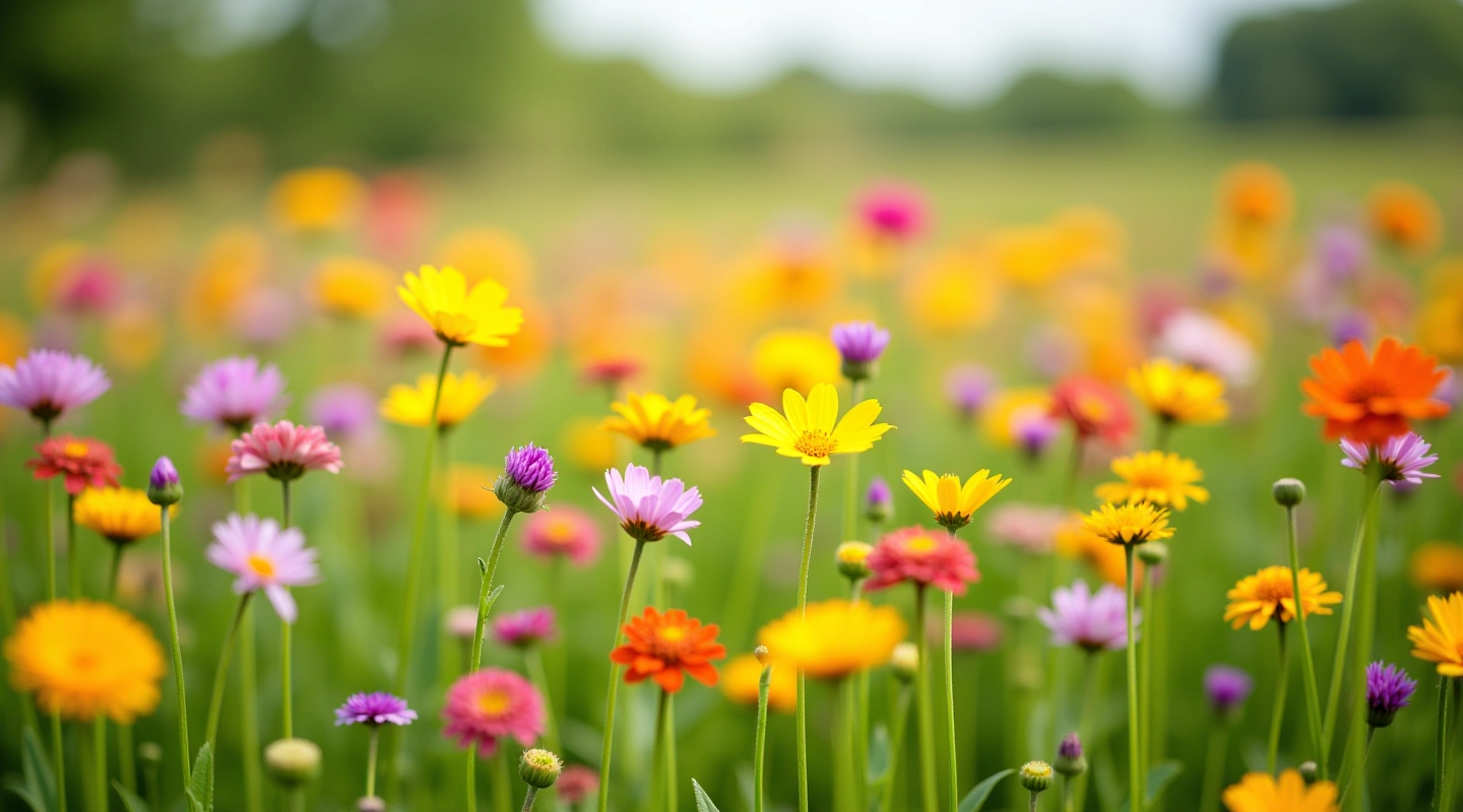 Vibrant meadow of mixed wildflowers blooming in silvtrade during peak season, showing natural color variety and flower density