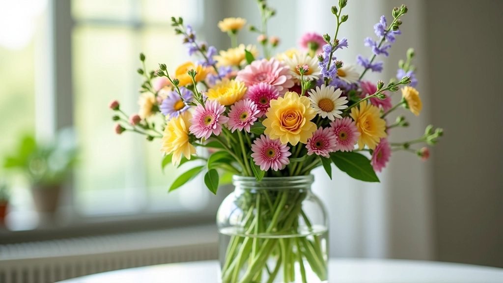 Wildflower stems arranged in vase showing clean preparation with leaves removed from lower portions