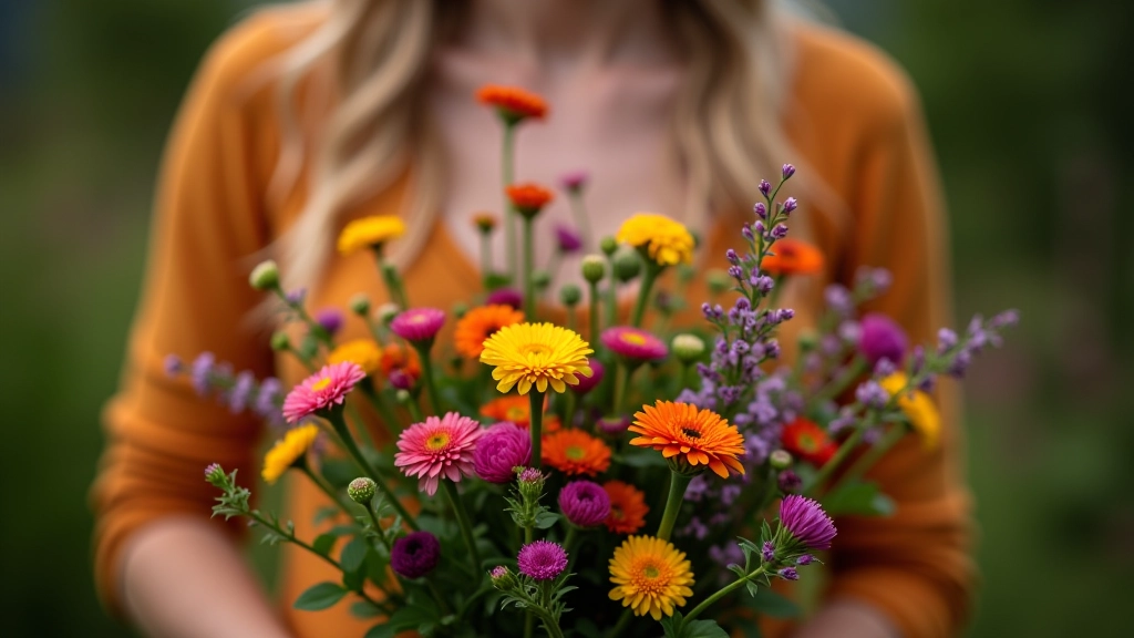 Close-up of freshly arranged wildflower bouquet with multiple seasonal blooms and natural textures