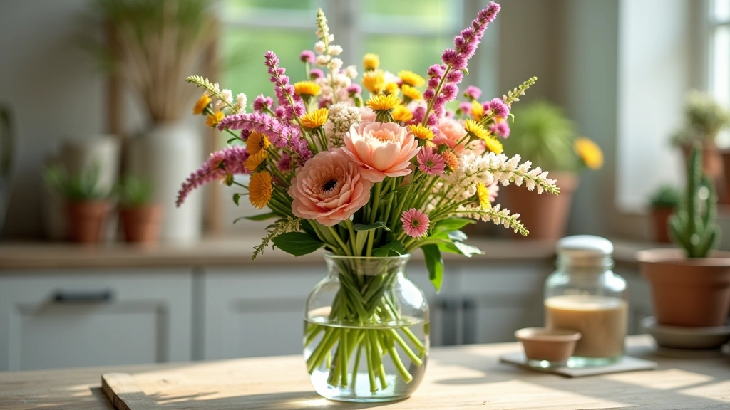 Wildflower bouquet in clear vase with fresh water and care supplies nearby